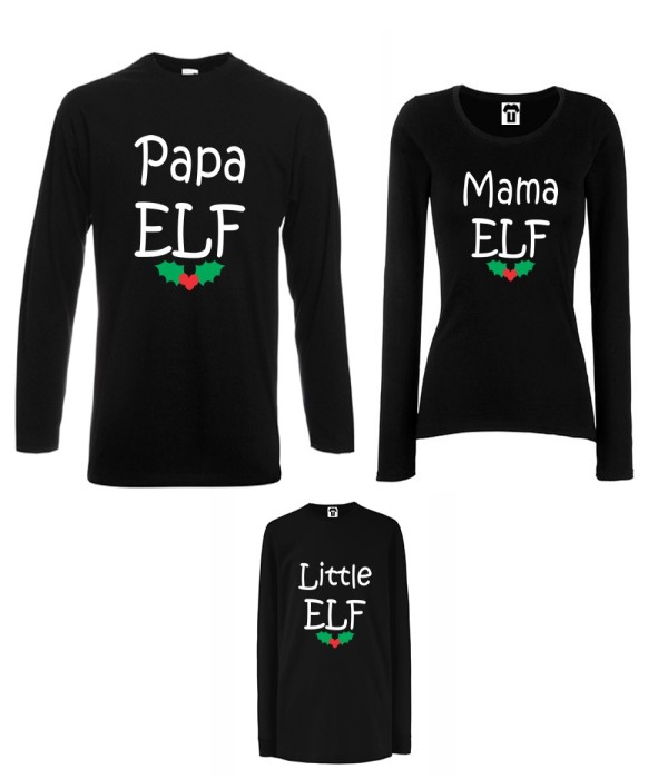 Set tricouri de familie cu maneca lunga pe alb sau negru Papa, Mama and Little Elf