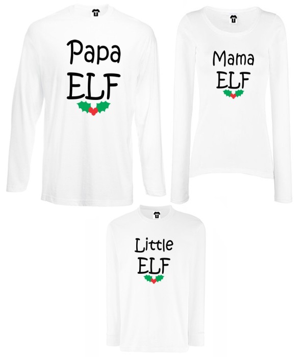 Set tricouri de familie cu maneca lunga pe alb sau negru Papa, Mama and Little Elf