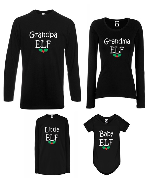 Set tricouri de familie cu maneca lunga si body pe alb sau negru Grandpa, Grandma, Little and Baby Elf Set tricouri de familie cu maneca lunga si body pe alb sau negru Grandpa, Grandma, Little and Baby Elf