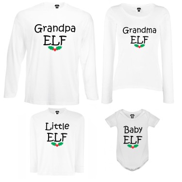 Set tricouri de familie cu maneca lunga si body pe alb sau negru Grandpa, Grandma, Little and Baby Elf