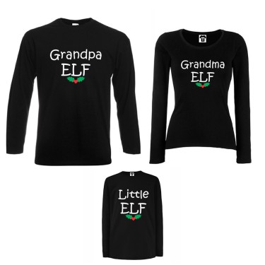 Set tricouri de familie cu maneca lunga pe alb sau negru Grandpa, Grandma and Little Elf Set tricouri de familie cu maneca lunga pe alb sau negru Grandpa, Grandma and Little Elf