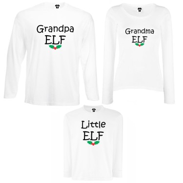 Set tricouri de familie cu maneca lunga pe alb sau negru Grandpa, Grandma and Little Elf