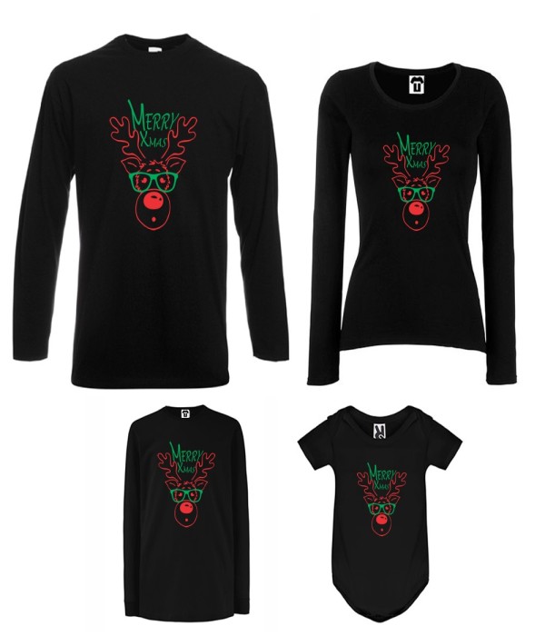 Set tricouri de familie cu maneca lunga si body pe alb sau negru Merry Christmas