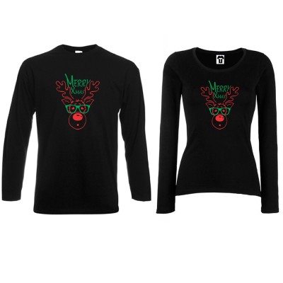 Set tricouri pentru cupluri cu maneca lunga pe alb sau negru Merry Christmas