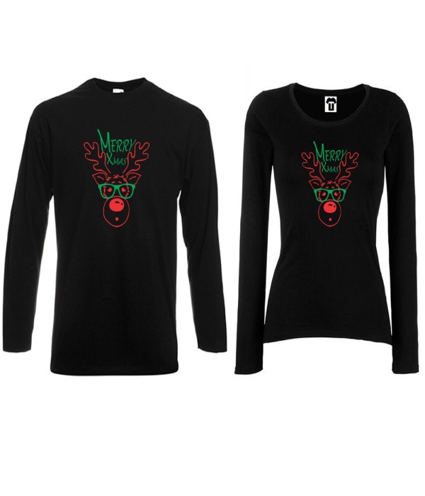 Set tricouri pentru cupluri cu maneca lunga pe alb sau negru Merry Christmas