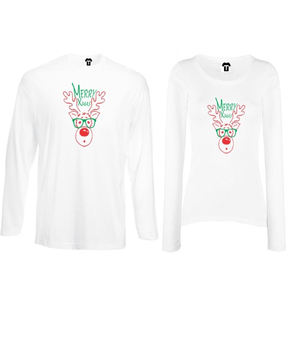 Set tricouri pentru cupluri cu maneca lunga pe alb sau negru Merry Christmas
