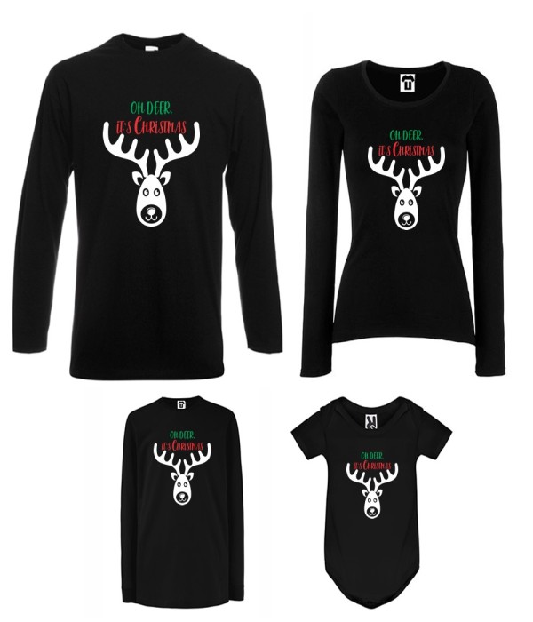 Set tricouri de familie cu maneca lunga si body pe alb sau negru Oh Deer It's Christmas Set tricouri de familie cu maneca lunga si body pe alb sau negru Oh Deer It's Christmas