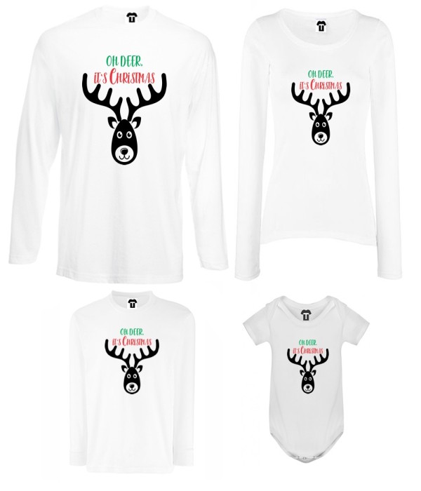 Set tricouri de familie cu maneca lunga si body pe alb sau negru Oh Deer It's Christmas Set tricouri de familie cu maneca lunga si body pe alb sau negru Oh Deer It's Christmas