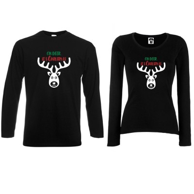 Set tricouri pentru cupluri cu maneca lunga pe alb sau negru Oh Deer it's Christmas Set tricouri pentru cupluri cu maneca lunga pe alb sau negru Oh Deer it's Christmas
