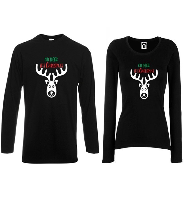 Set tricouri pentru cupluri cu maneca lunga pe alb sau negru Oh Deer it's Christmas Set tricouri pentru cupluri cu maneca lunga pe alb sau negru Oh Deer it's Christmas