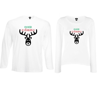 Set tricouri pentru cupluri cu maneca lunga pe alb sau negru Oh Deer it's Christmas Set tricouri pentru cupluri cu maneca lunga pe alb sau negru Oh Deer it's Christmas