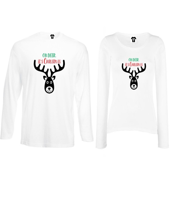 Set tricouri pentru cupluri cu maneca lunga pe alb sau negru Oh Deer it's Christmas Set tricouri pentru cupluri cu maneca lunga pe alb sau negru Oh Deer it's Christmas