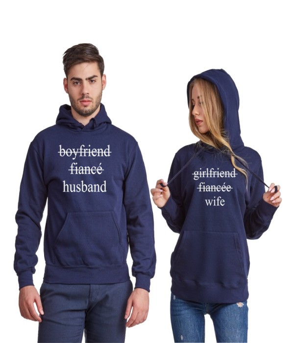 Hanorac pentru cupluri Boyfriend/Fiancé/Husband and Girlfriend/Fiancée/Wife albastru inchis