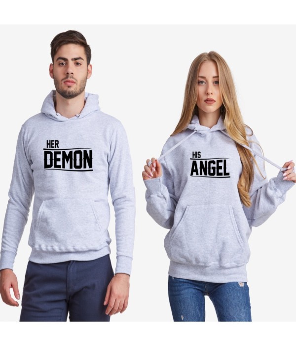 Hanorace pentru cuplu gri Her Demon and His Angel