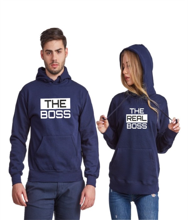 Hanorace pentru cuplu The Real Boss 2019 albastru inchis