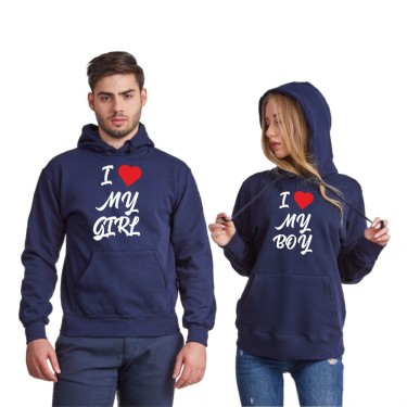 Hanorace pentru cuplu I Love My Boy 2019 albastru inchis