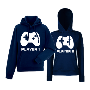 Set hanorace pentru cupluri albastru inchis Player 1 - Player 2 Set hanorace pentru cupluri albastru inchis Player 1 - Player 2