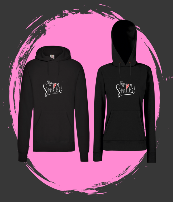Set hanorace pentru cuplu pe negru You make me smile Set hanorace pentru cuplu pe negru You make me smile
