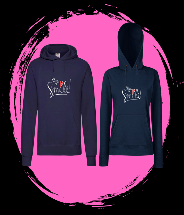 Set hanorace pentru cuplu pe albastru inchis You make me smile
