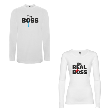 Set tricouri pentru cuplu cu maneca lunga pe alb The Real Boss Tie 2019