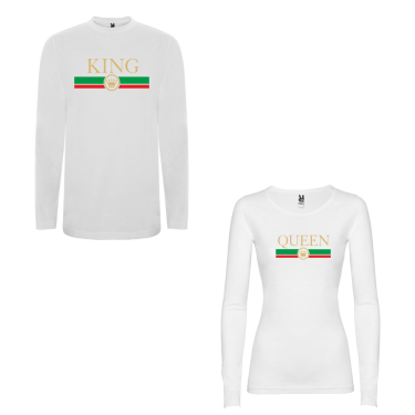 Set tricouri pentru cuplu cu maneca lunga pe alb King & Queen RG Set tricouri pentru cuplu cu maneca lunga pe alb King & Queen RG