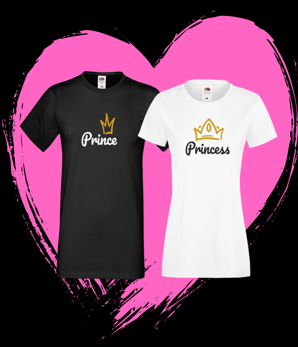 Tricouri pentru cuplu pe alb si negru Prince & Princess