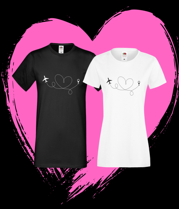 Tricouri pentru cuplu pe alb si negru Travel Couple Tricouri pentru cuplu pe alb si negru Travel Couple