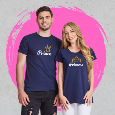 Tricouri pentru cuplu pe albastru inchis Prince & Princess