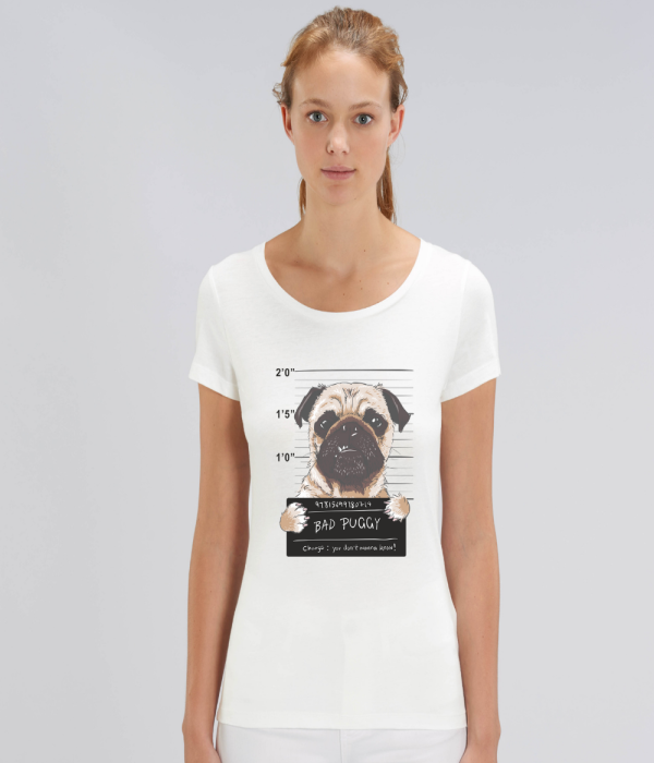 Tricou de femei alb din bumbac organic Bad Puggy