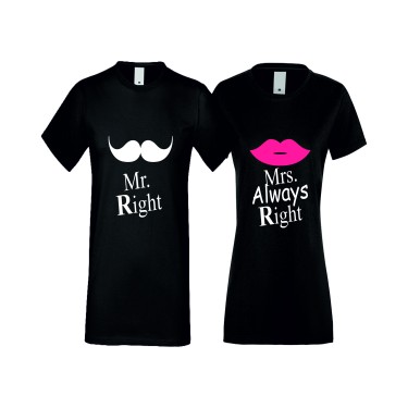 Tricouri pentru cupluri Mr Right Mrs Always Right negru