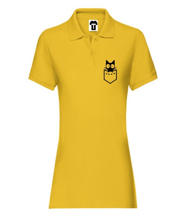 Tricou/Camasa stil Polo de dama din 100% bumbac organic Cat Face Pocket galben